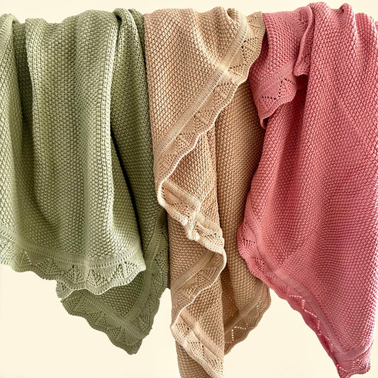Scalloped Edge Knitted Blanket - Sage