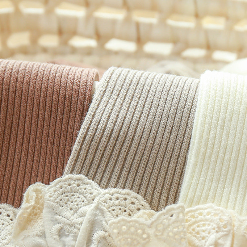 Lace edged Cotton Rib Socks - Beige