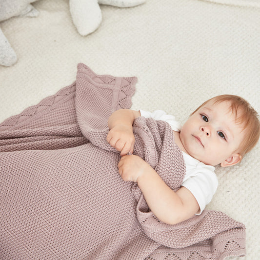 Scalloped Edge Knitted Blanket - Dusky Mauve