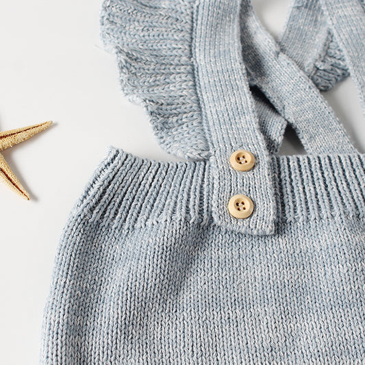 Isla Flutter Sleeve Knit Suspender Romper - Blue