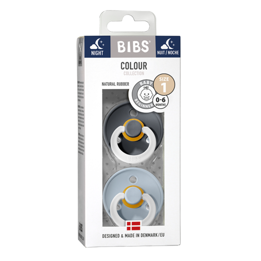 BIBS Natural Latex Pacifier 2 Pack - Glow in the Dark Iron Night/Baby Blue Night Size 1