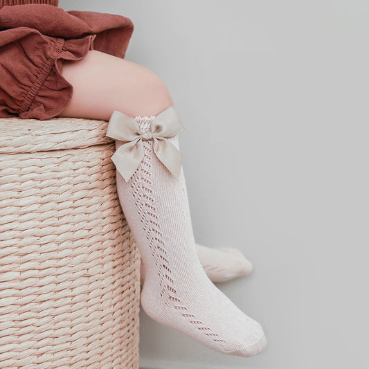 Knee High Pointelle Bow Socks - Coffee