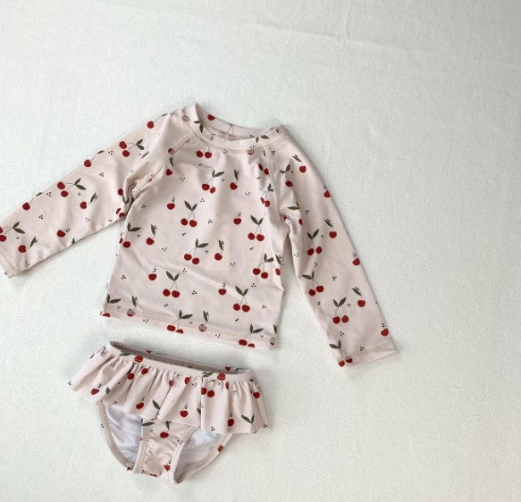 Rashguard and Ruffled Bottom Two Piece Set - Cherries