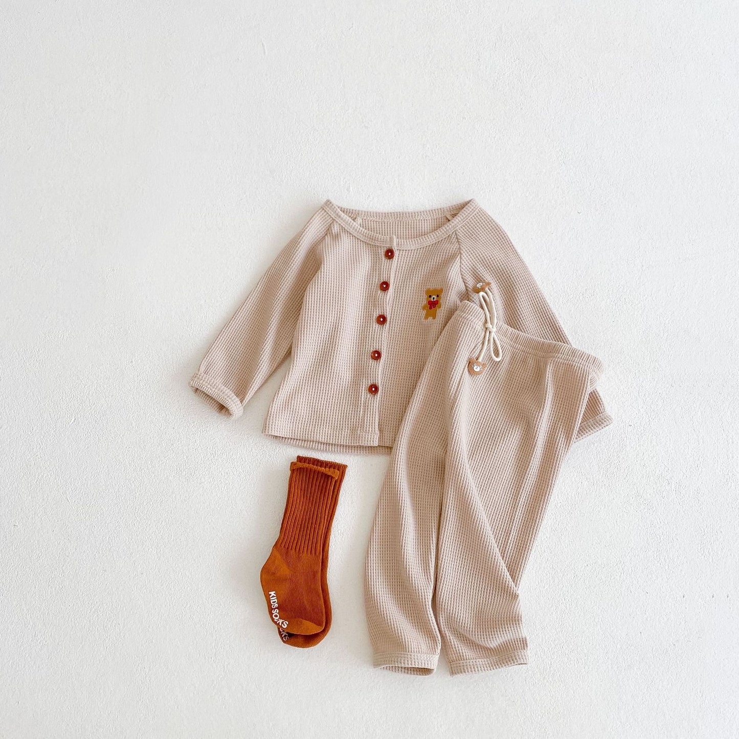 Teddy Bear Embroidered Two Piece Set - Latte