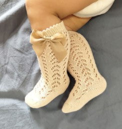Bow Knee High Crochet Socks - Navy