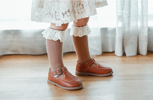 Lace edged Cotton Rib Socks - Coffee