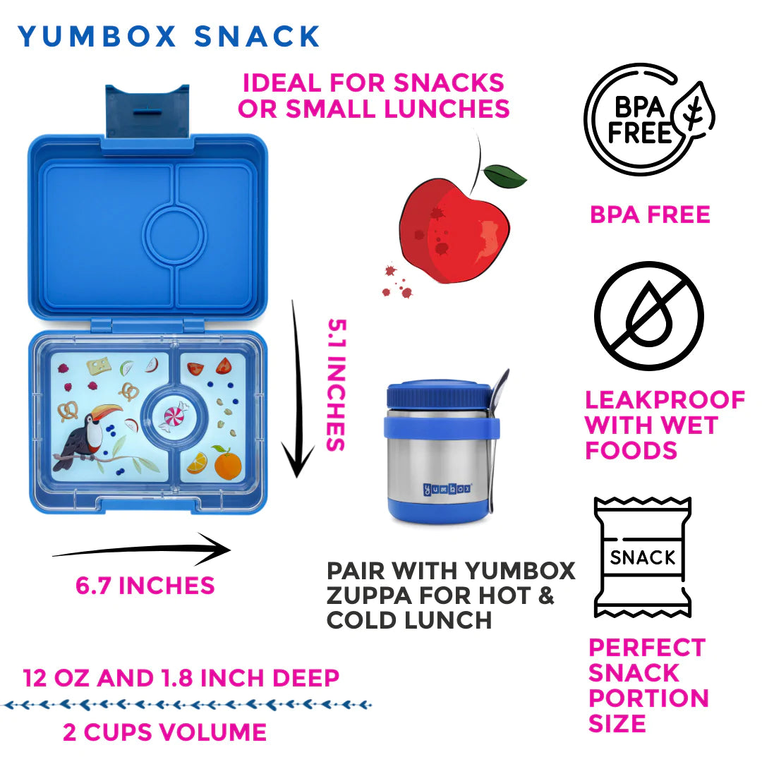 Yumbox Snack Lunch Box | True Blue with Toucan Tray | Mini Bento Box for Kids