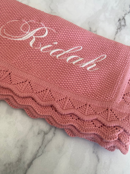 Scalloped Edge Knitted Blanket - Light Pink