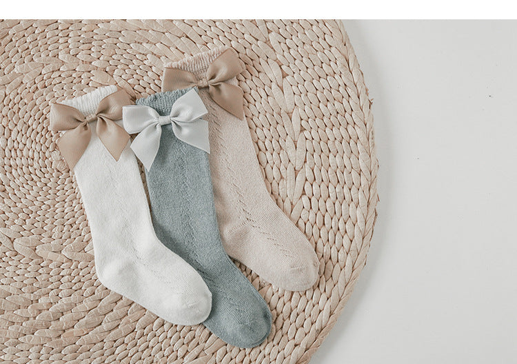 Knee High Pointelle Bow Socks - Grey
