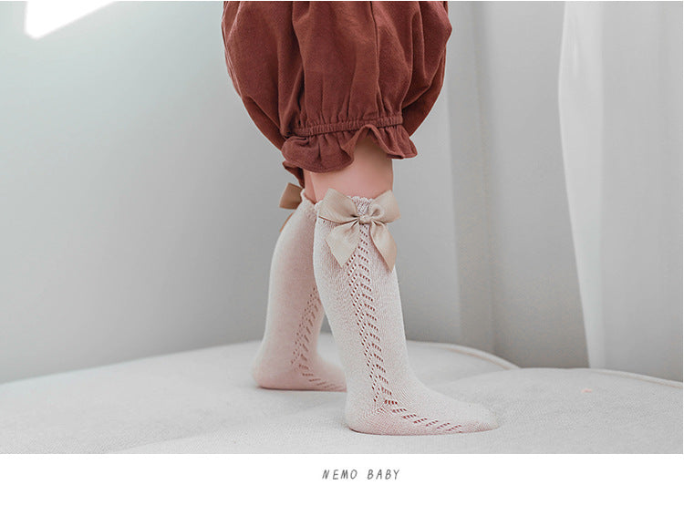 Knee High Pointelle Bow Socks - Grey