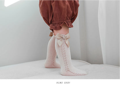 Knee High Pointelle Bow Socks - Grey