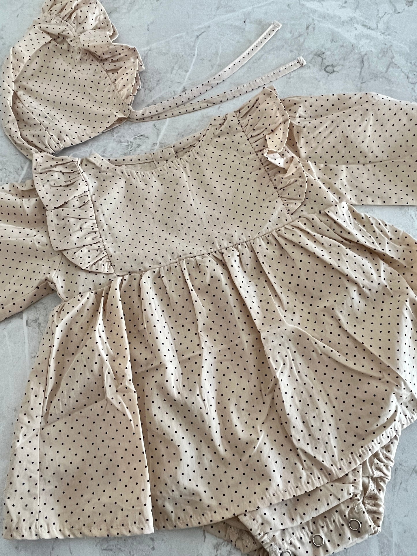Gigi Romper and Bonnet Set - Warm Beige with Mini Dots