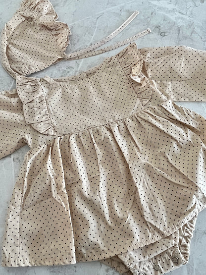 Gigi Romper and Bonnet Set - Warm Beige with Mini Dots