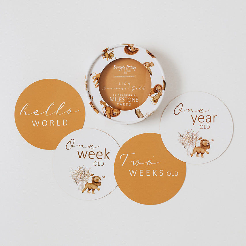 Snuggle Hunny Kids Milestone Cards- Lion & Sunrise Gold Reversible Milestone Cards