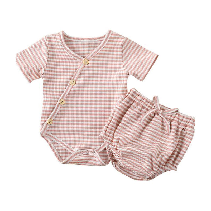Dakota short sleeved kimono bodysuit and bloomer set - Blush Stripe