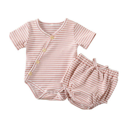 Dakota short sleeved kimono bodysuit and bloomer set - Blush Stripe