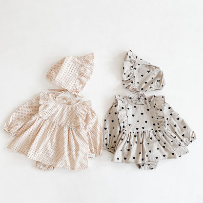 Gigi Romper and Bonnet Set - Warm Beige with Mini Dots