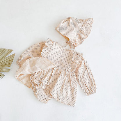 Gigi Romper and Bonnet Set - Warm Beige with Mini Dots