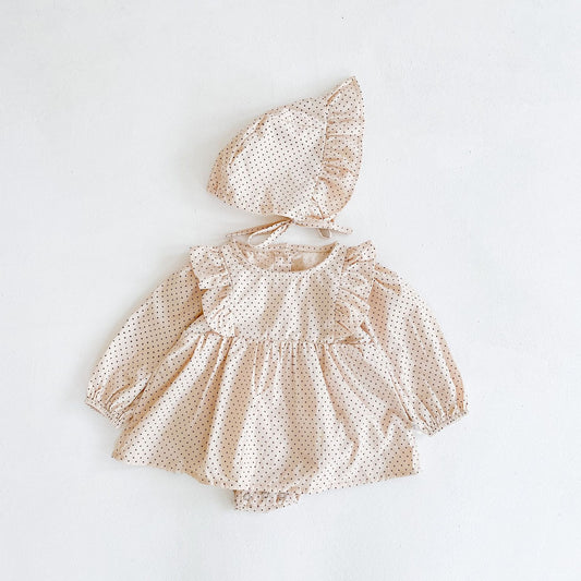Gigi Romper and Bonnet Set - Warm Beige with Mini Dots