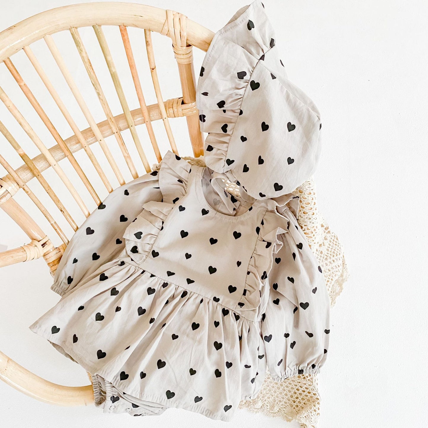 Gigi Romper and Bonnet Set - Soft Grey with Hearts