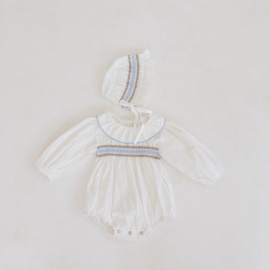 Gia Romper and Bonnet Set - White