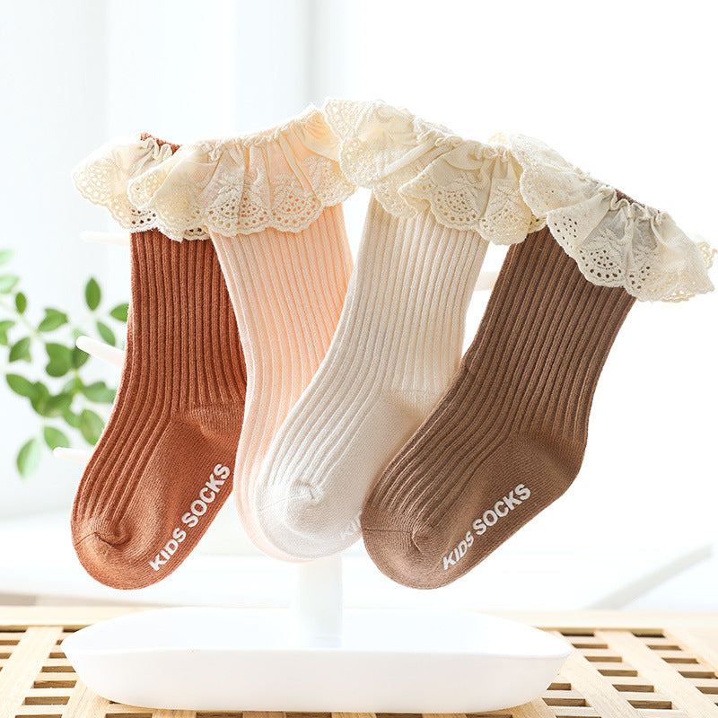 Lace edged Cotton Rib Socks - Terracotta
