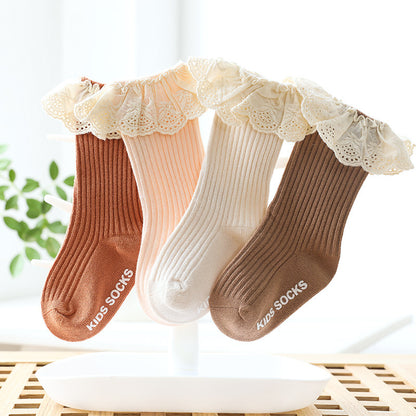 Lace edged Cotton Rib Socks - Terracotta