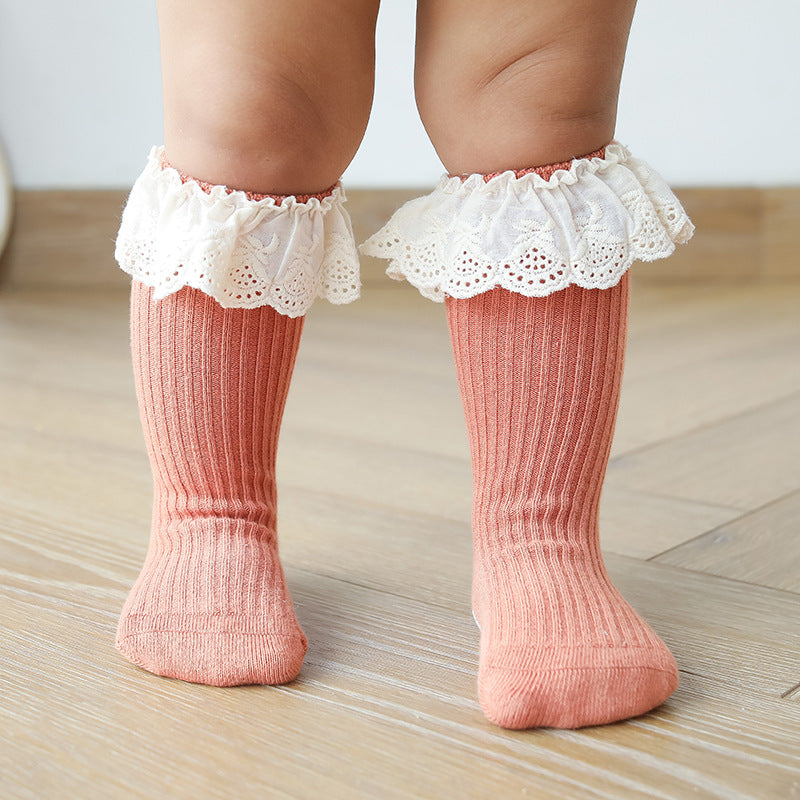 Lace edged Cotton Rib Socks - Terracotta