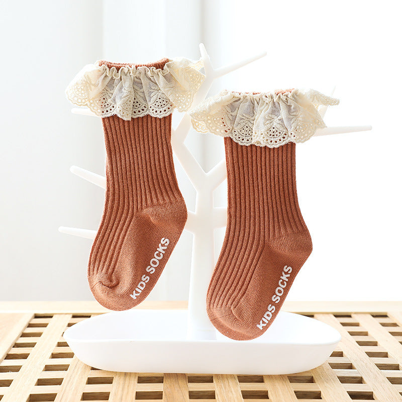 Lace edged Cotton Rib Socks - Terracotta