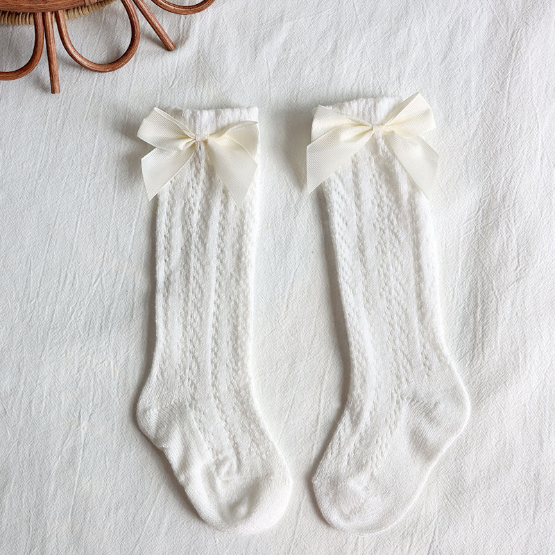 Bow Knee High Crochet Socks - White