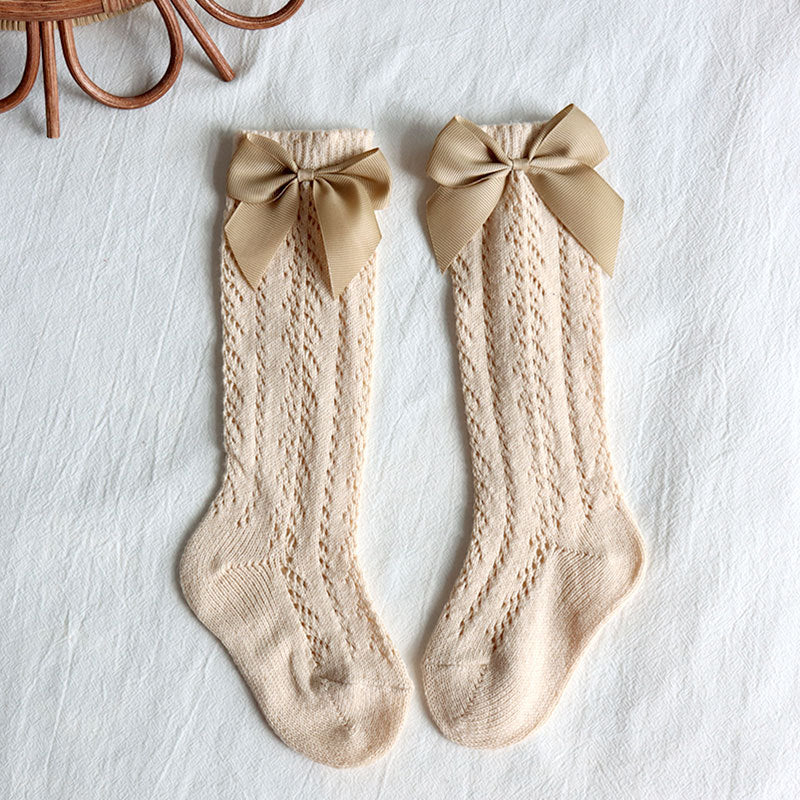 Bow Knee High Crochet Socks - Beige