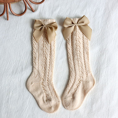 Bow Knee High Crochet Socks - Beige