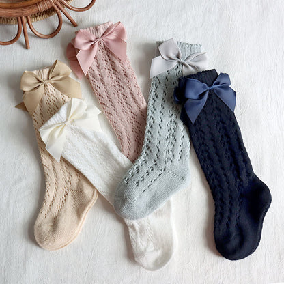 Bow Knee High Crochet Socks - White