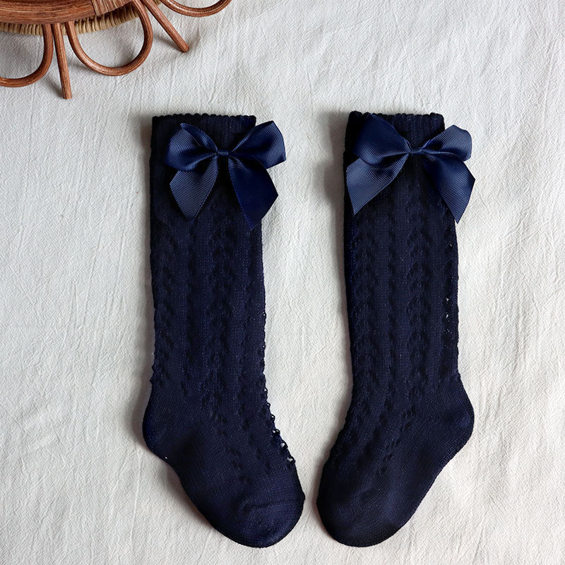 Bow Knee High Crochet Socks - Navy