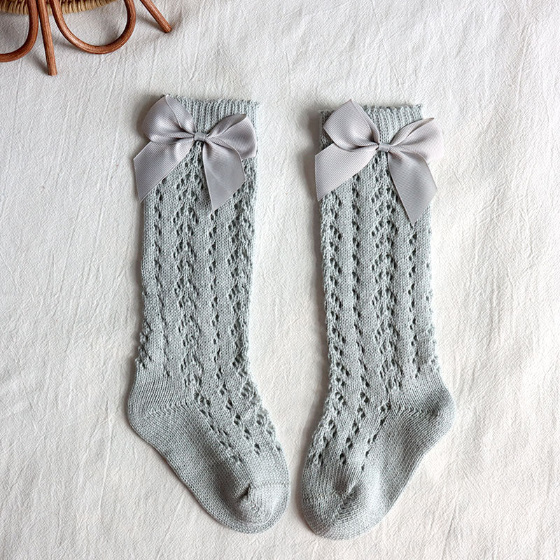 Bow Knee High Crochet Socks - Cloud Grey