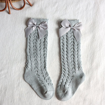 Bow Knee High Crochet Socks - Cloud Grey