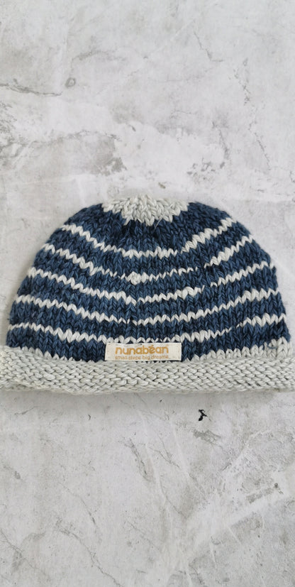 Nunabean - Knitted Eco-Beanie - Cloud + Midnight Stripes