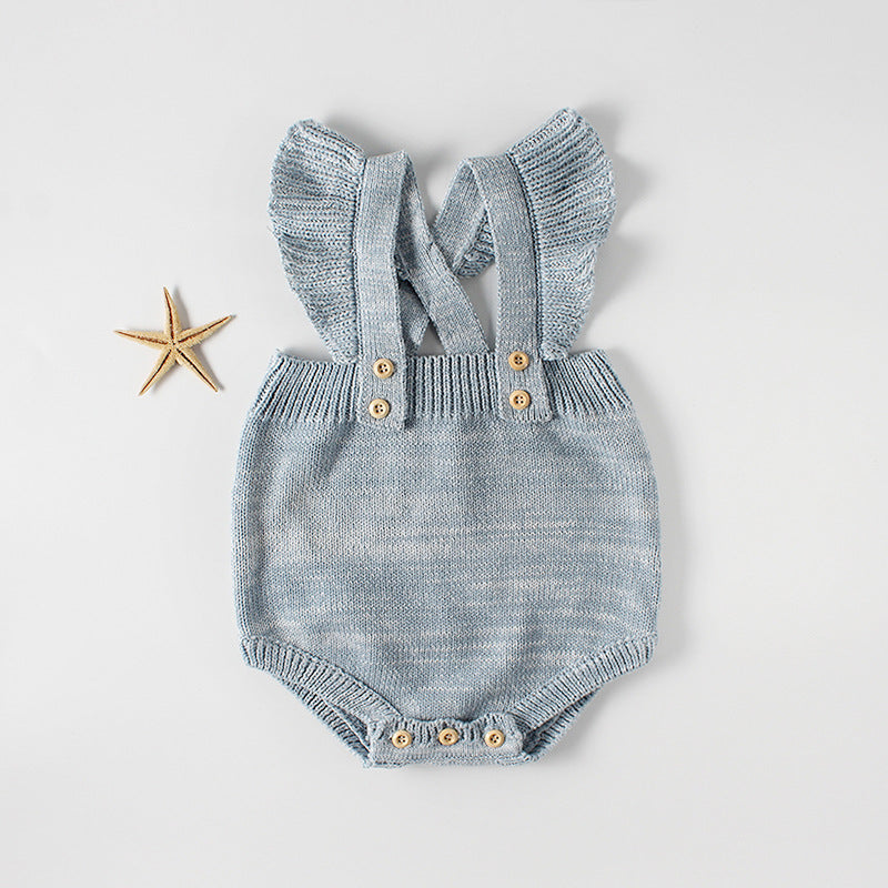Isla Flutter Sleeve Knit Suspender Romper - Blue