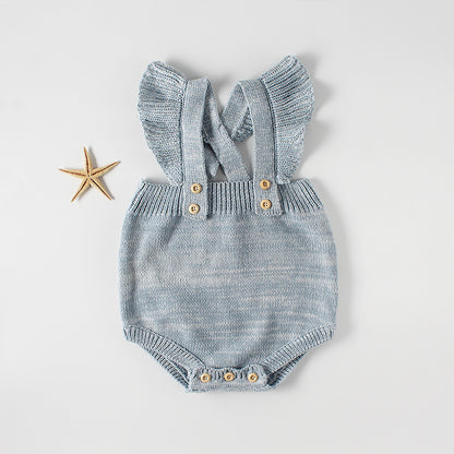 Isla Flutter Sleeve Knit Suspender Romper - Blue