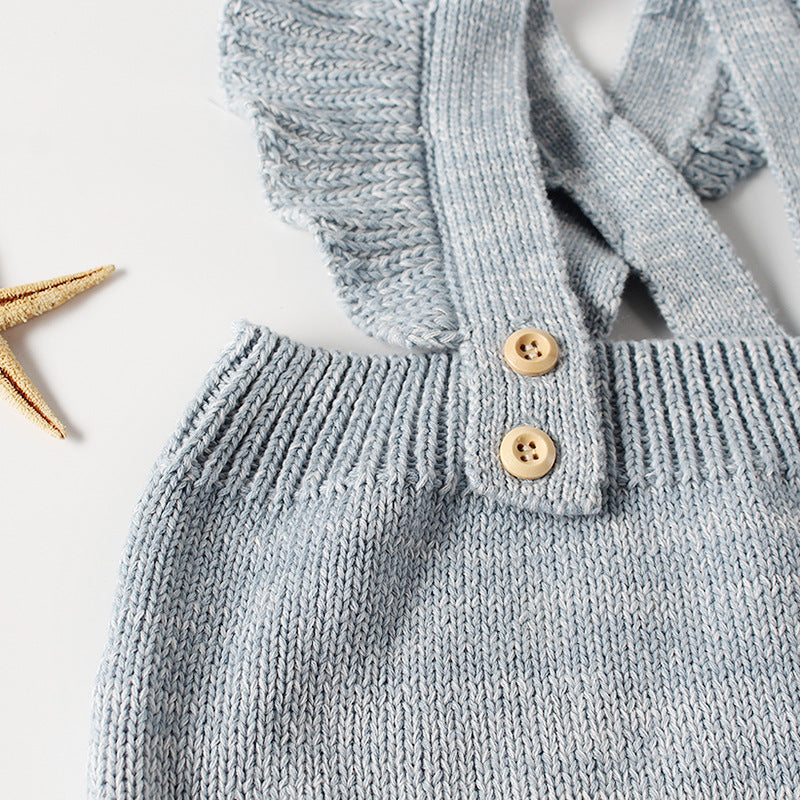Isla Flutter Sleeve Knit Suspender Romper - Blue