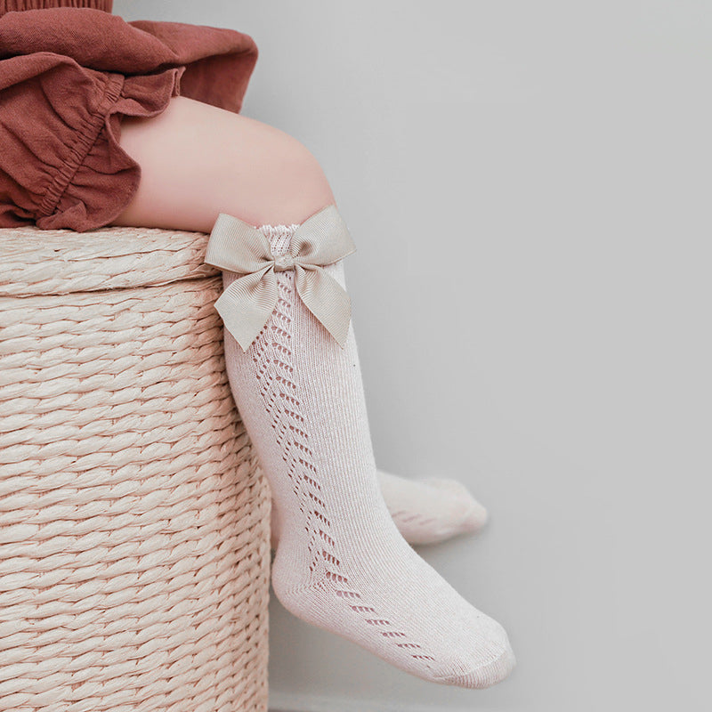 Knee High Pointelle Bow Socks - Grey
