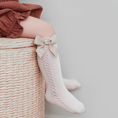 Knee High Pointelle Bow Socks - Grey