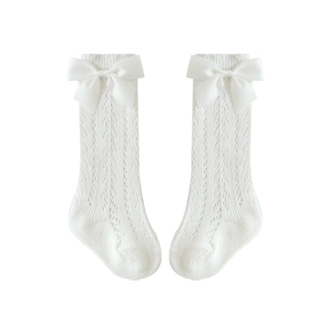 Summer Bow Knee High Crochet Socks - White