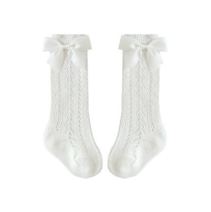 Summer Bow Knee High Crochet Socks - White
