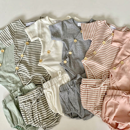 Dakota short sleeved kimono bodysuit and bloomer set - Blush Stripe