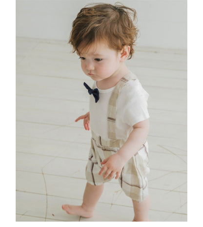 George Romper -Beige with Navy Bowtie