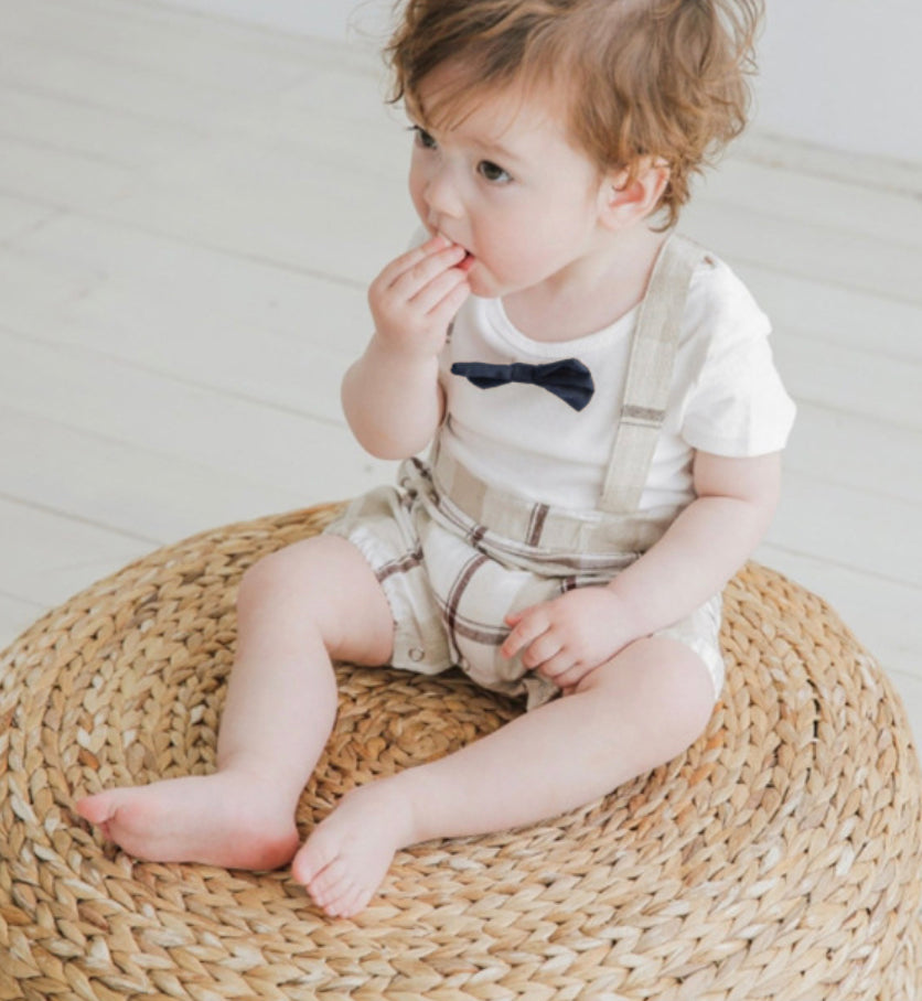 George Romper -Beige with Navy Bowtie