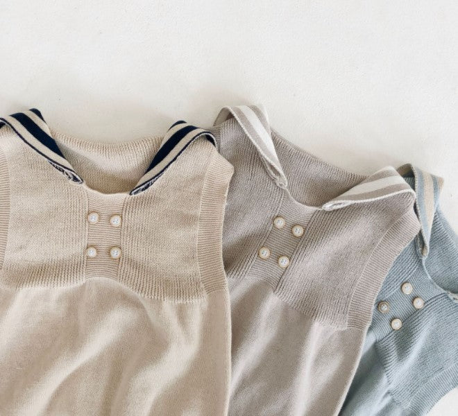 Hampton Unisex Romper - Beige with Navy Collar