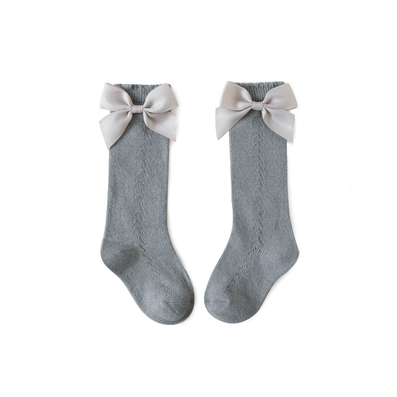 Knee High Pointelle Bow Socks - Grey