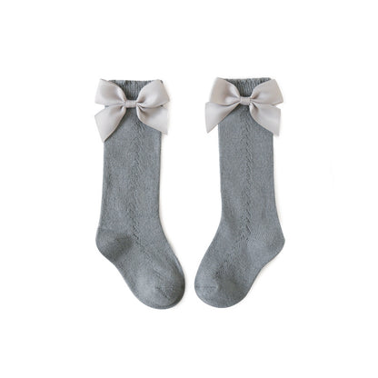 Knee High Pointelle Bow Socks - Grey